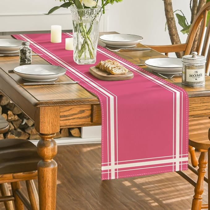 Artoid Mode Pink Beige Simple French Stripe Table Runner, Seasonal Spring Summer Kitchen Dining Table Decoration for Home Party Decor 13x72 Inch