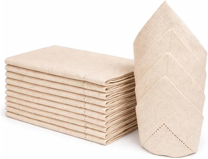 Linen Flax Cotton Cloth Dinner Napkins Set of 24-18x18 Natural Fabric with Hemstitched Mitered Corners - Machine Washable Wedding, Cocktail & Party Table Napkins - Natural