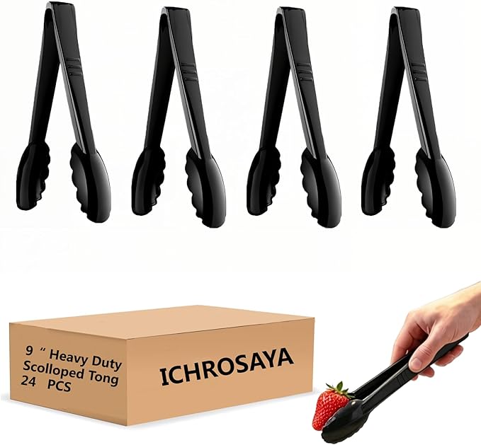 24 Pieces Disposable Serving Tongs, 9" Heavy-Duty Plastic Utensils, BPA-Free, Scalloped Grip Salad Tongs, Perfect for Buffets, BBQ, Parties & Catering, Black
