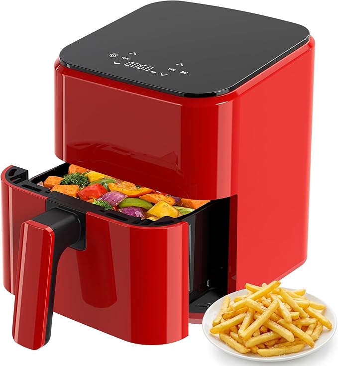 OLIXIS 3QT Air Fryer, Small Air Fryer with Digital PP Touch Panel, 400℉ Max Temp, Overheat Protection and Auto Shut-off, Nonstick and Dishwasher Safe Basket for Roast, Bake, Broil, Reheat, Red