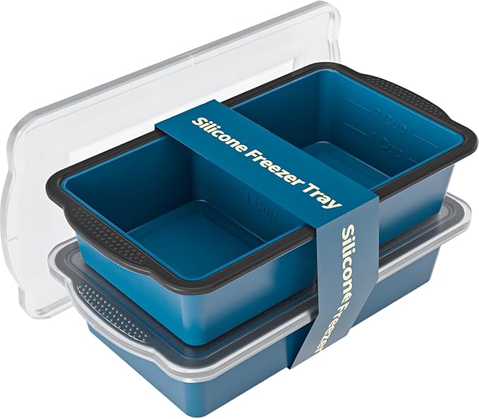 GORCI Silicone Freezer Tray With Lid, 4 Large 2 Cup Soup Freezer Molds, Soup Freezer Container for Meal Prepping, Large Ice Cube Tray， Perfect for Storing Leftovers, Sauces, Lasagna, 2-Pack