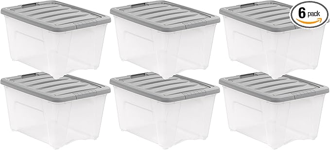 Amazon Basics Plastic Storage Containers with Secure Latching Lids, Stackable Organization Bins, Clear/Grey, 32 Quart, Set of 6
