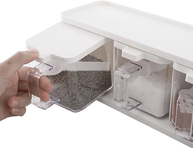 Hedume 2 Pack 3 Grids Clear Seasoning Box with Handle and Spoon, Seasoning Storage Container Rack Combo Set with Removable Cruet Jars for Spice Salt Sugar