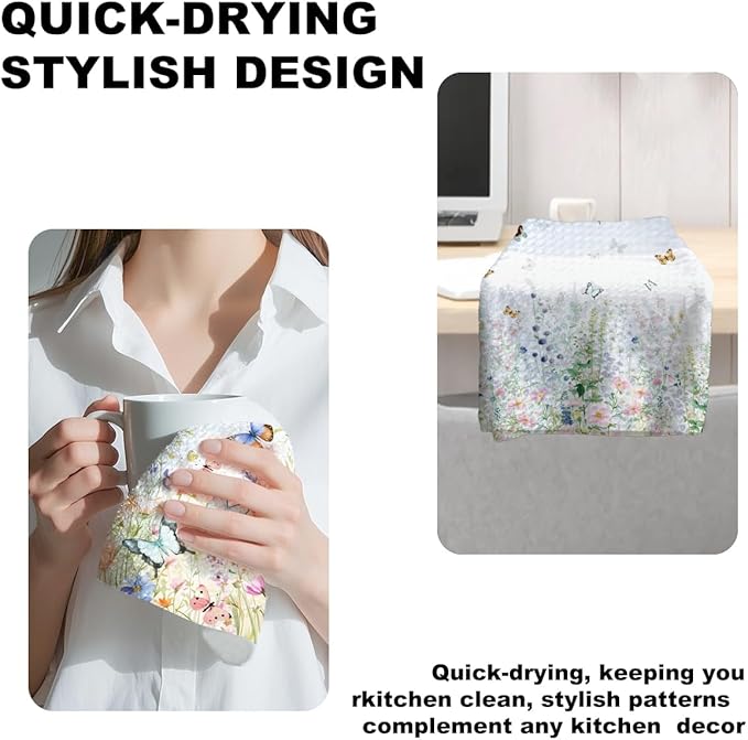 Jztco 2Pcs Butterfly Kitchen Towels, Floral Tea Towel Decorative Reusable Dish Hand Towels Butterfly Gifts for Cleaning Drying Women Mom Housewarming Gifts 14 x 24 Inch Kitchen Home Decor