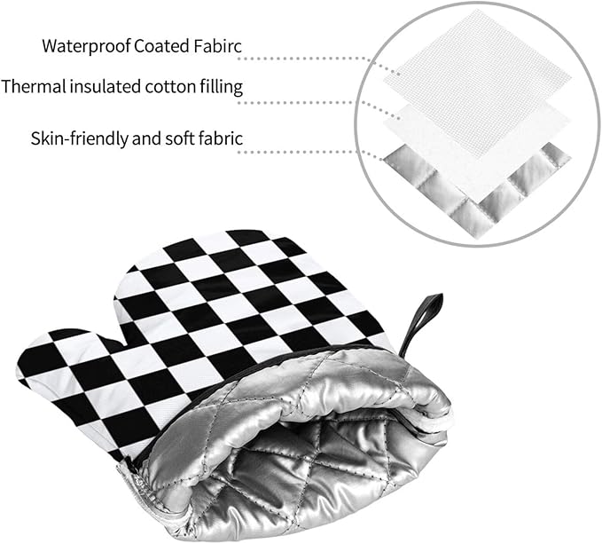 Checkered Black and White Plaid Oven Mitts and Pot Holders Set of 4,Heat Resistant Non-Slip Potholders Oven Gloves and Pad for Kitchen Cooking Baking Grilling BBQ