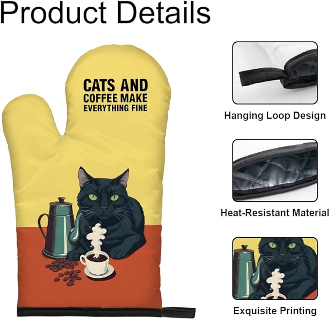 DYJYBMY Cats and Coffee Make Everything Fine Funny Cat Oven Mitts and Pot Holder Set, Funny Kitchen Gadgets for Women Coffee Lover, Bake Lover Gifts for Hostess, Cat Lover Gifts for Mom Sister BFF