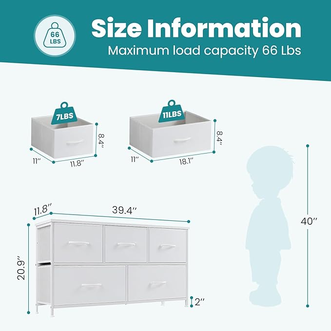 OLIXIS Dresser for Bedroom with 5 Drawers, Wide Chest of Drawers, Fabric Bedroom Dresser with Drawer Organizers, Storage Organizer Unit with Fabric Bins for Closet, Living Room, Hallway,White