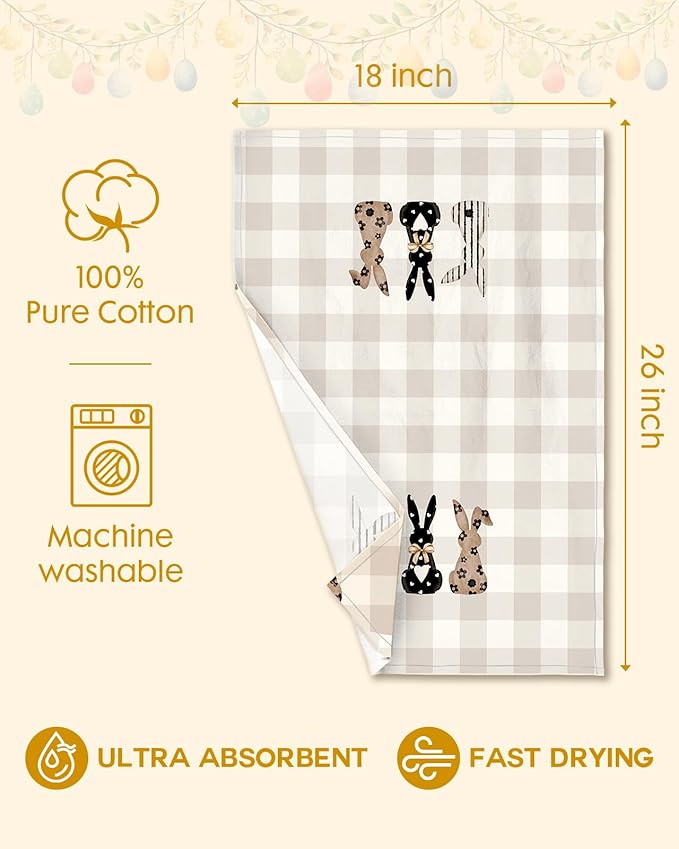 Miss Adola 2pcs Easter Kitchen Towels - Flour Sack Tea Towels Set of 2 with Hanging Loop 18x26 Inch Spring Bunny Eggs Beige Checkered Hand Dish Cloths Reusable Dishcloths Cute Easter Decor