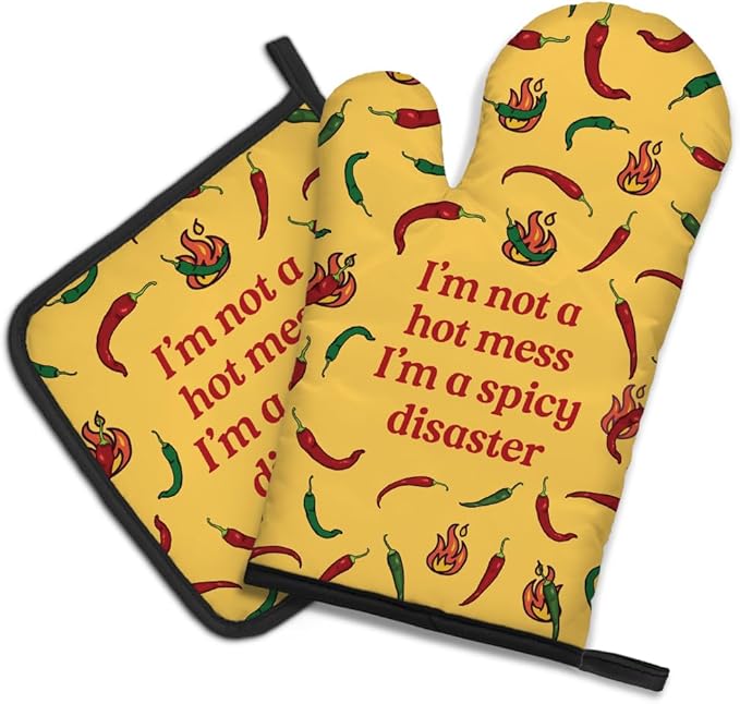 DYJYBMY I'm Not A Hot Mess I'm A Spicy Disaster Funny Oven Mitts and Pot Holder Set, Sarcastic Peppers Kitchen Gadgets for Women, Housewarming Gifts for Hostess, Baking Gifts for Mom Aunt Sister BFF