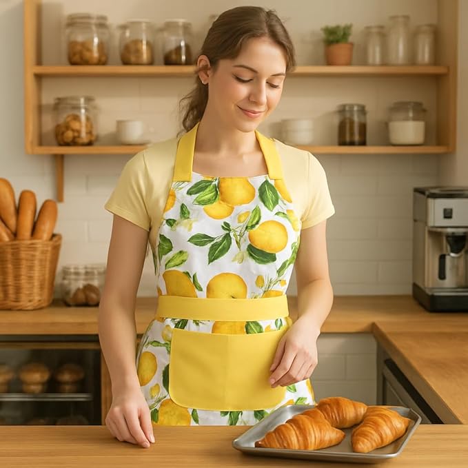 G2PLUS Thick Lemon Cotton Apron, Kitchen Apron for Women, Adjustable Cooking Apron with Pocket for Baking, Garden, Christmas