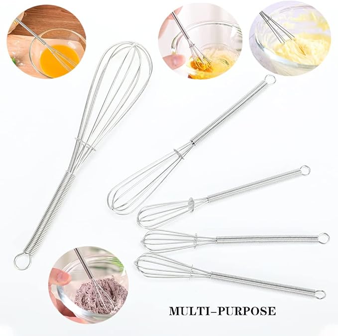 Stainless Steel Mini Whisk Set of 2, Small Wire Hand Whisks, Kitchen Cookware for Cooking, Whisking, Blending, Beating, 5/7/8/10 inch