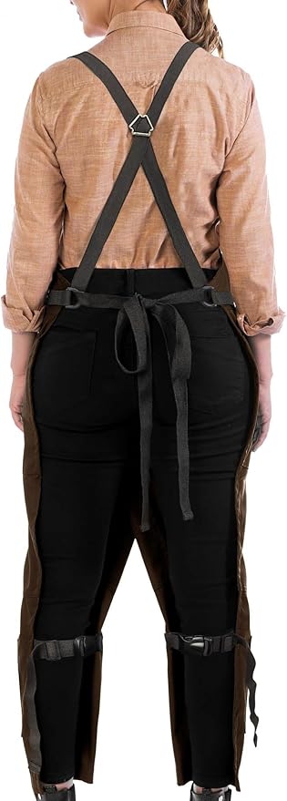 Under NY Sky Pottery Brown Apron - Full Cover Cross-Back, Professional Twill, Leather Reinforcement, Overlapping Split-Leg - Adjustable for Men, Women - Pottery Artist, Ceramics