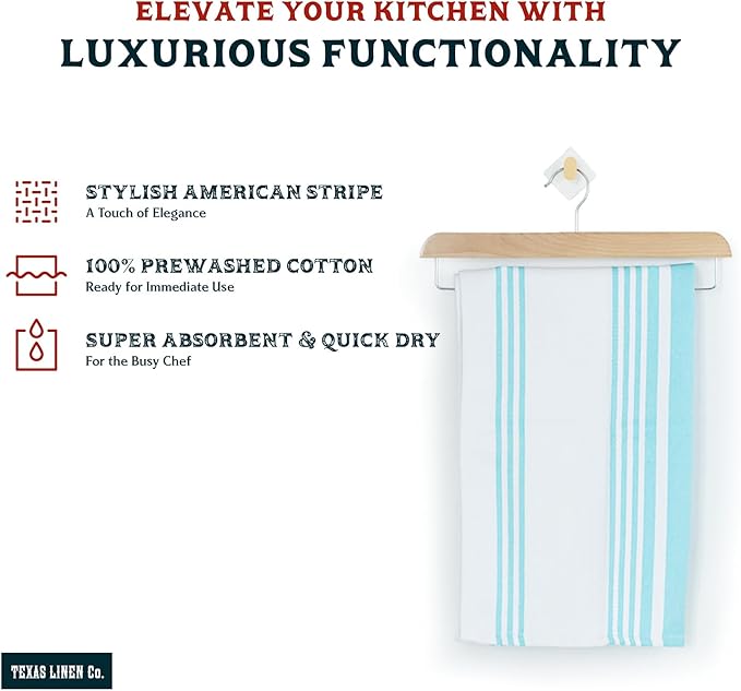 TEXAS LINEN CO. American Stripe Kitchen Towels 100% Cotton Pack of 6, Highly Absorbent Quick Drying, Soft Dish Towels 20x30 Inch for Kitchen with Hanging Loop, Hand & Tea Towel - Aqua & White Striped