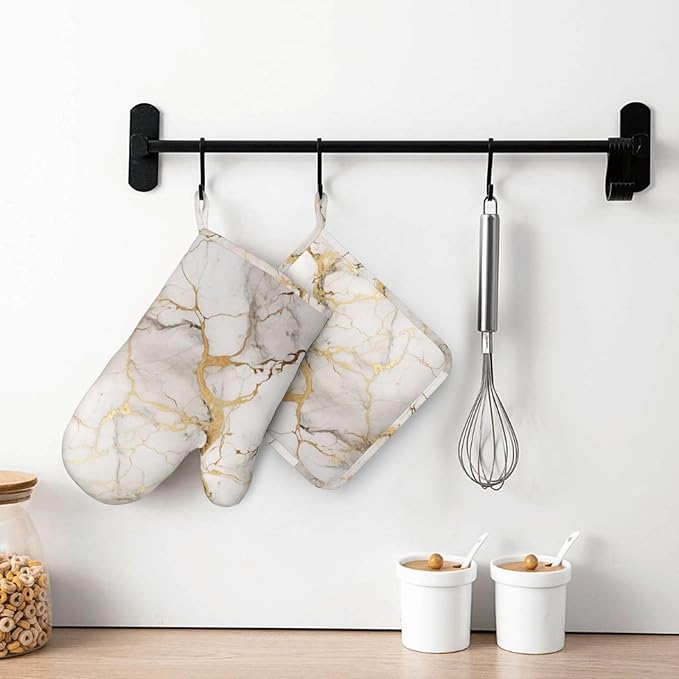 Oven Mitts and Pot Holders Marble Gray Gold White Silicone Kitchen Accessories Set of 2 Heat Resistant Long Gloves Potholder Non-Slip Grip for Chef Cooking,Baking,Grilling,BBQ