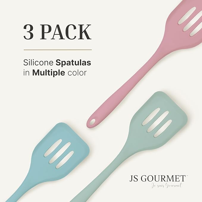 JS Gourmet 3 Pcs Colorful Silicone Slotted Turner Set, Heat Resistant Non-Scratch Kitchen Spatula Flipper with Comfortable Handle for Non-Stick Cookware