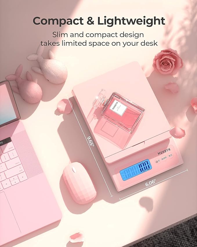 MUNBYN Shipping Scale, Accurate 66lb/0.1oz Postal Scale with Sweet Pink Style, Hold/Tear/PCS Function, Auto-Off, Battery & AC Adapter, Back-Lit LCD Display, Digital Scale for Packages and Food Pink