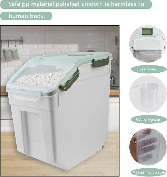 Saim Large Flour Storage Bin, 50lb Rice Storage Container with Lid, Measuring Cup & Scoop, BPA Free Plastic Rice Dispenser for Flour, Rice, Dog Food for Kitchen Pantry Organization (2 Pack Green)