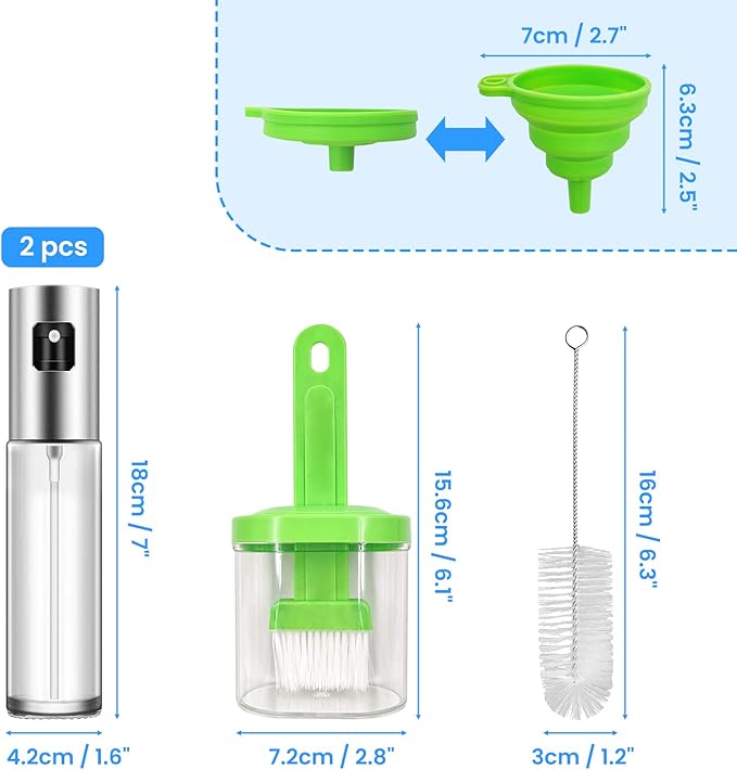 Daily Treasures 2Pack Upgraded Precise Nozzle Olive Oil Glass Bottle 100ml with Oil Brush Bottle, Silicone Funnel, Brush - Perfect for Air Fryer, Kitchen Cooking
