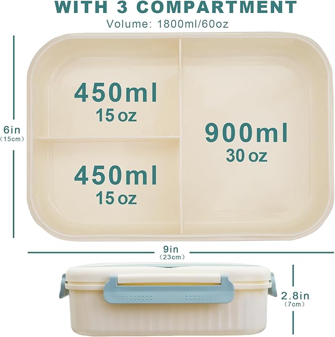 Bento Box Adult Lunch Box, Lunch Containers for Kids Children with 3 Compartments, 1800 ML Bento Lunch Box with Spoon & Fork, Microwave & Dishwasher Safe, BPA-Free and Food-Safe Materials(Blue)