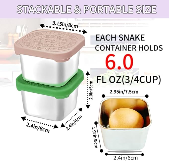 HTEVW 6Pack Stainless Steel Snack Containers for Kids, Easy Open Leak Proof Metal Toddler Snack Containers with Silicone Lids, Stackable Metal Toddler Lunch Box for Daycare, School and Travel (6oz)
