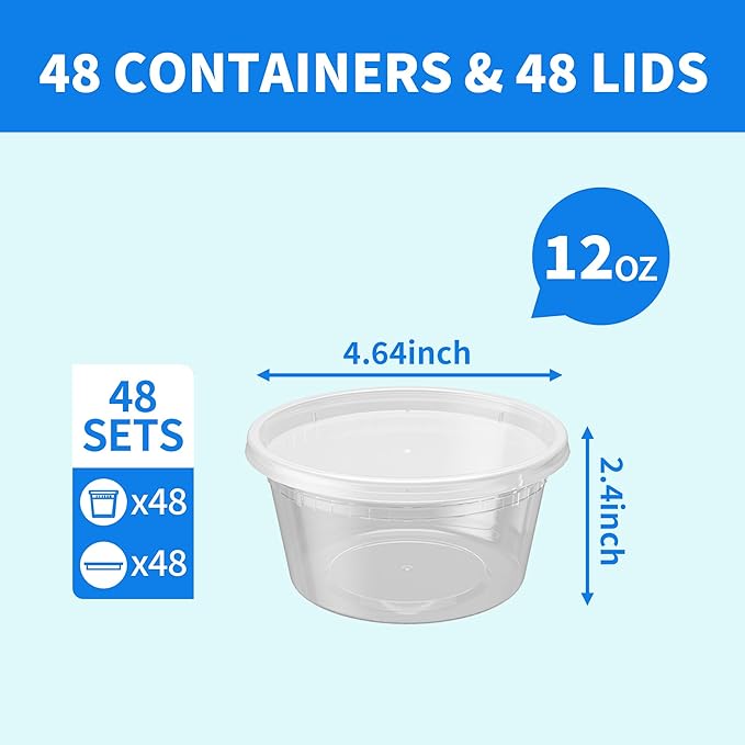 Plastic Deli Containers with Lids, 48 Sets 12oz Leakproof Soup Storage Containers for Family Soup & Leftovers, Round Meal Prep Cups, BPA Free, Microwave/Freezer/Dishwasher Safe