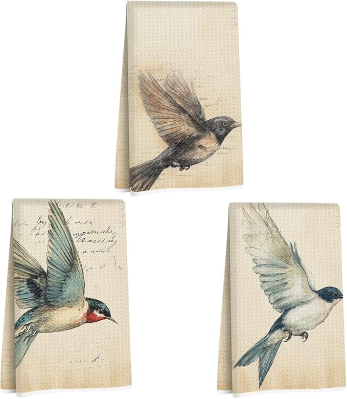 3 Pcs Vintage Bird Kitchen Towels, Artistic Decorative Absorbent Microfiber Dish Cloth Tea Towel, Watercolor Waffle Soft Hand Towels for Kitchen Home Bathroom, Housewarming Gifts