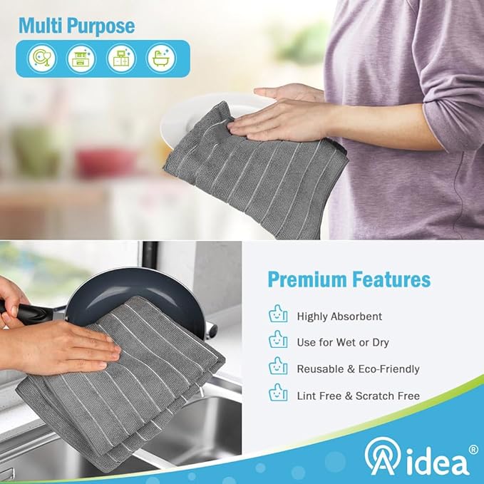 AIDEA Microfiber Kitchen Towels-8Pack, Microfiber Dish Towels, Soft Absorbent Dish Towels, Multi-Purpose Kitchen Dish Cloth for Home, Travel-Grey 15”x25”