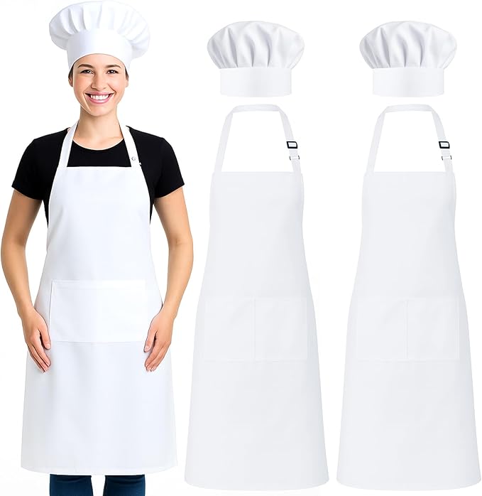 4 Sets Chef Apron and Hat, Adjustable High Cooking Aprons, with 2 Pockets and 30" Long Ties, Chef Hat with Elastic Part, Bib Aprons Set, Water Drop Resistant Kitchen Apron for Women Men Adult