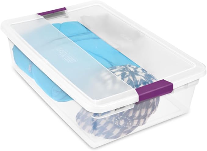 Sterilite 32 Qt ClearView Latch Storage Box, Stackable Bin with Latching Lid, Plastic Container to Organize Clothes Underbed, Clear Base, Lid, 6-Pack