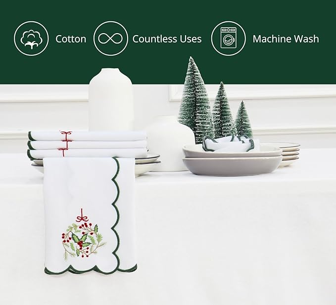 PurpleEssences Scalloped Embroidery Cloth Napkins - Spring Easter Summer - Table Decor - 100% Cotton - Set of 4-18x18 inch - White - Edges - Forest Green - Christmas Wreath
