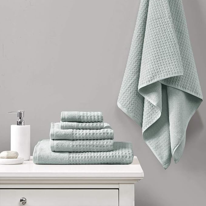 Madison Park Spa Waffle 100% Cotton Luxurious Towel Set, Premium Texture Waffle Weave, Highly Absorbent, Quick Dry, Hotel & Spa Quality Wash Clothes for Bathroom, Assorted Sizes, Seafoam 6 Piece