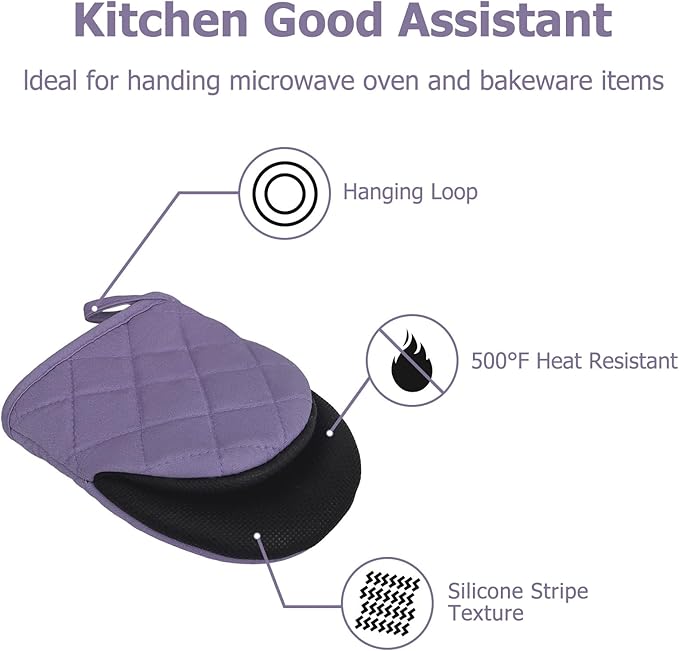 Short Oven Mitts, Heat Resistant 500°F, Silicone Grip Kitchen Gloves, Non-Slip for Baking, Grilling, BBQ, Machine Washable with Hanging Loop, 2-Pack Set, Taro Purple