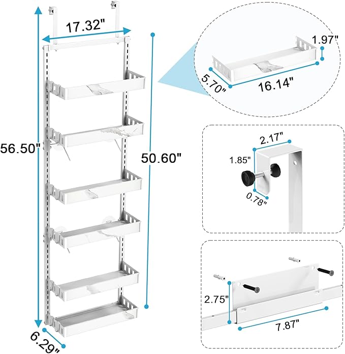 bukfen Over the Door Pantry Organizer, 6-Tier Adjustable Basket Kitchen Pantry Door Organization and Storage, Heavy-Duty Metal Hanging Kitchen Spice Rack, D6.3 x W17.32 x H50.60 inch, 1 Pack