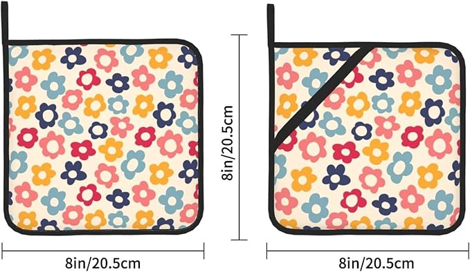 Colorful Daisy Pot Holders 2PCS, Pot Holder for Kitchen Heat Resistant Potholder for BBQ Cooking Baking,Food Hot Pat for Women Men Kitchen Wear(Vintage Hippie Groovy Flowers)