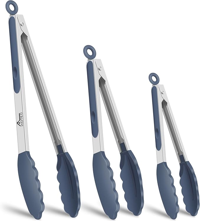 HOTEC Premium Stainless Steel Locking Kitchen Tongs with Silicon Tips, Set of 3-7", 9" and 12" (Dusty Blue)