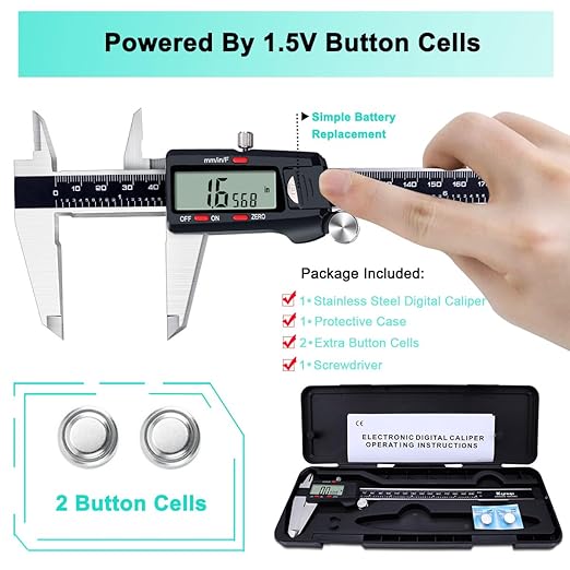 Kynup Digital Caliper, 8 Inch Micrometer Caliper Tool, Vernier Caliper Gages with Stainless Steel Body, Large LCD Screen, Auto - Off Feature, Inch Metric Fraction Conversion (200mm)