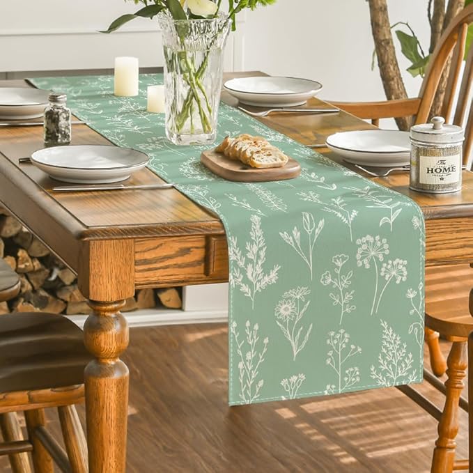 Artoid Mode Sage Green Leaves Flowers Spring Table Runner, Seasonal Kitchen Dining Table Decoration for Home Party Decor 13x90 Inch