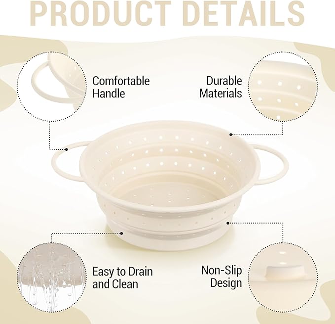 3 Pack Collapsible Colander with Strainer Bowl Set, 11 & 13 In BPA-Free Silicone Colanders for Kitchen, Heat-Resistant Strainer Dishwasher Safe Baskets for Vegetable Fruits(White)