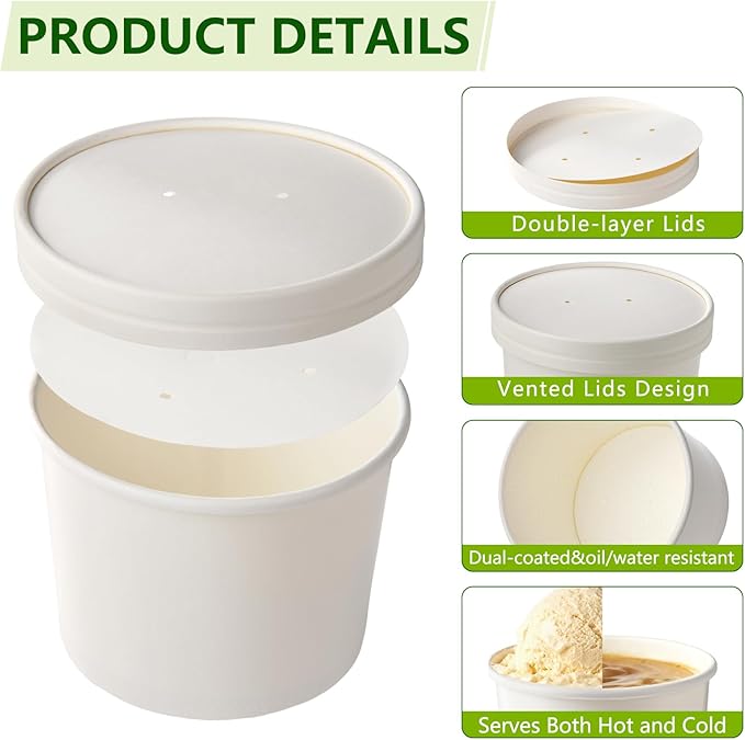 50 Pack 20oz White Paper Soup Containers with lids, Ice Cream Bowl with Lids, Disposable Ice Cream Cup Dessert Bowls for Party Supplies, Restaurants & Takeout