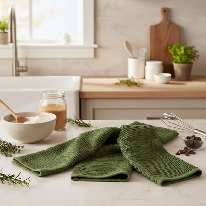 Serafina Home Avocado Forest Green Kitchen Hand Dish Towels: Oversized 28" x 18",100% Cotton Cloth Soft Cleaning Drying Absorbent Ribbed Design, Set of 3 Multipurpose for Everyday Use (Moss Green)