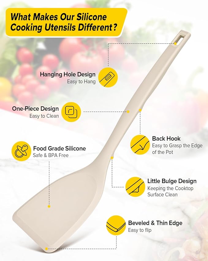 Pack of 2 Silicone Spatula Turner, Non Stick Kitchen Spatulas Set with Back Hooks, Heat Resistant BPA Free Kitchen Utensils, Suitable for Flipping Fish, Eggs, Steak, Pancakes(KHAKI)