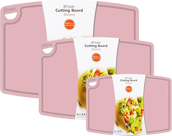 Liflicon Silicone Thick Cutting Boards Mats Set of 3 Foldable & Flexible Design Juice Grooves Easy Grip Handle Dishwasher Safe for Kitchen,BPA free Silicone Cutting Board-Soft Pink