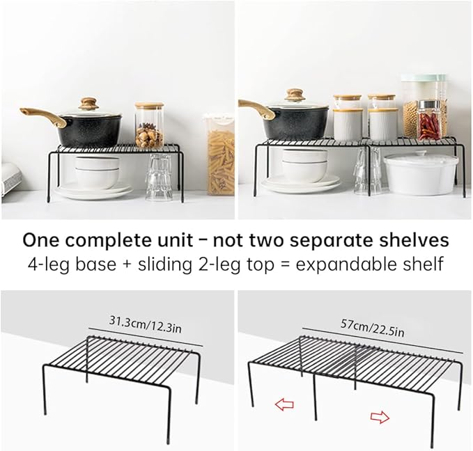 Tomorotec Expandable Shelf Organizer for Kitchen Countertop, Metal Cabinet Pantry Shelf, Spice Rack Organizer, Space Saving Non Slip Rustproof, Black