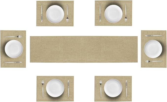 Table Runner and Placemats Set of 6 for Kitchen Dining Table Farmhouse Style Thick Linen Double Layer Heat Resistant Washable Place Mats Set/ Beige