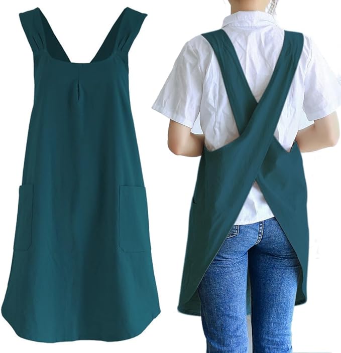 NEWGEM Japanese Cotton Linen Cross Back Cooking Apron for Women Men with Pockets Cute for Baking Kitchen