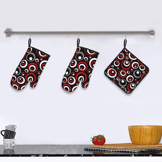 Retro Red Circles Oven Mitt and Pot Holder Set (3-Piece) - Heat Resistant Non-Slip Modern Geometric Gloves Gift for Chef Cooking Baking Grilling BBQ Lovers, Stylish Kitchen Decor, Red White Black Grey