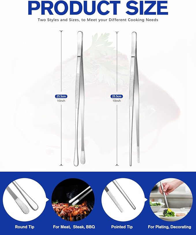 2 Pcs 10-Inch Kitchen Tweezers Fine Tweezer Tongs, Stainless Steel Professional Long Cooking Tweezers for BBQ, Sea Food, Repairing and Serving (SILVER)