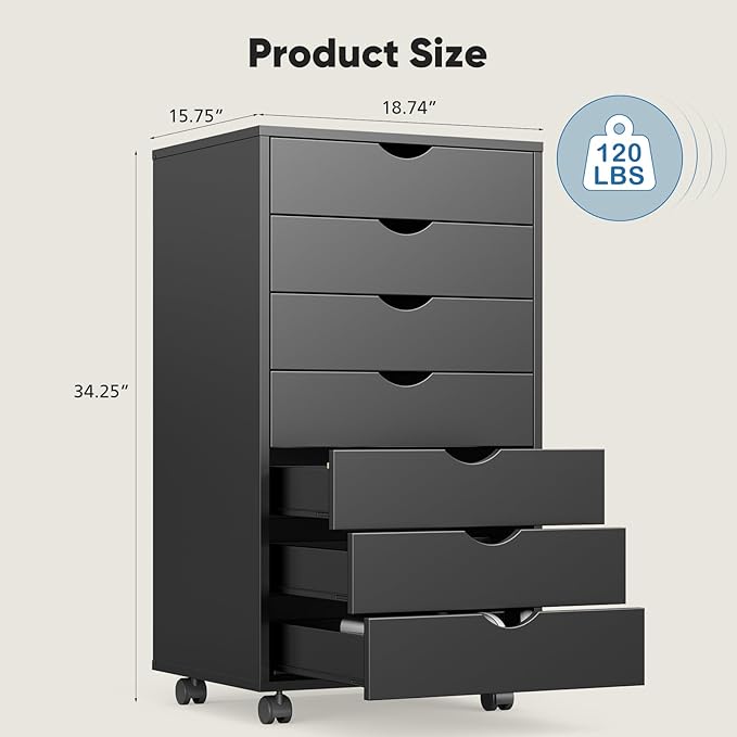 OLIXIS 7 Drawer File Cabinet, Mobile Filing Cabinet Under Desk Storage Organization with Wheels, Vertical Filing Chest Rolling Wood Small Desk Printer Stand for Home Office, Dark