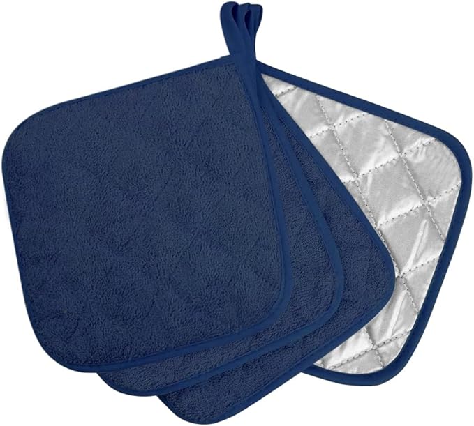 meioro 4-Pack Pot Holders for Kitchen High Heat Resistant Potholder, 100% Cotton Hot Pads, Quilted Terry Hot Pot Holder Set for Kitchens, Washable Trivet for Cooking and Baking 7x7 Inches (Navy Blue)