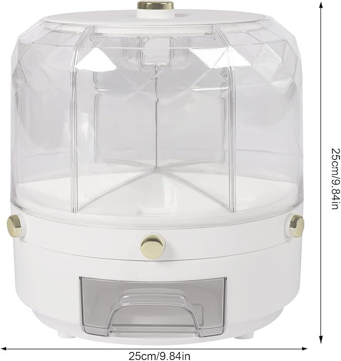 Cereal Dispenser, 6-grid 360° Rotating Grain Dispenser, 6 in 1 Sealed Clear Rice Dispenser, 6kg/13.2lbs Grain Storage Container, Countertop PP+PET Round Granular Dry Food Dispenser, 9.84*9.84in White